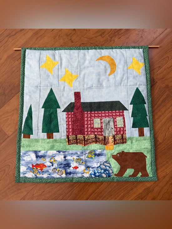 Other - Wall Hanging Quilt Throw Country Cabin Bear Fish Lodge Pine Trees Moon 24”x 24”